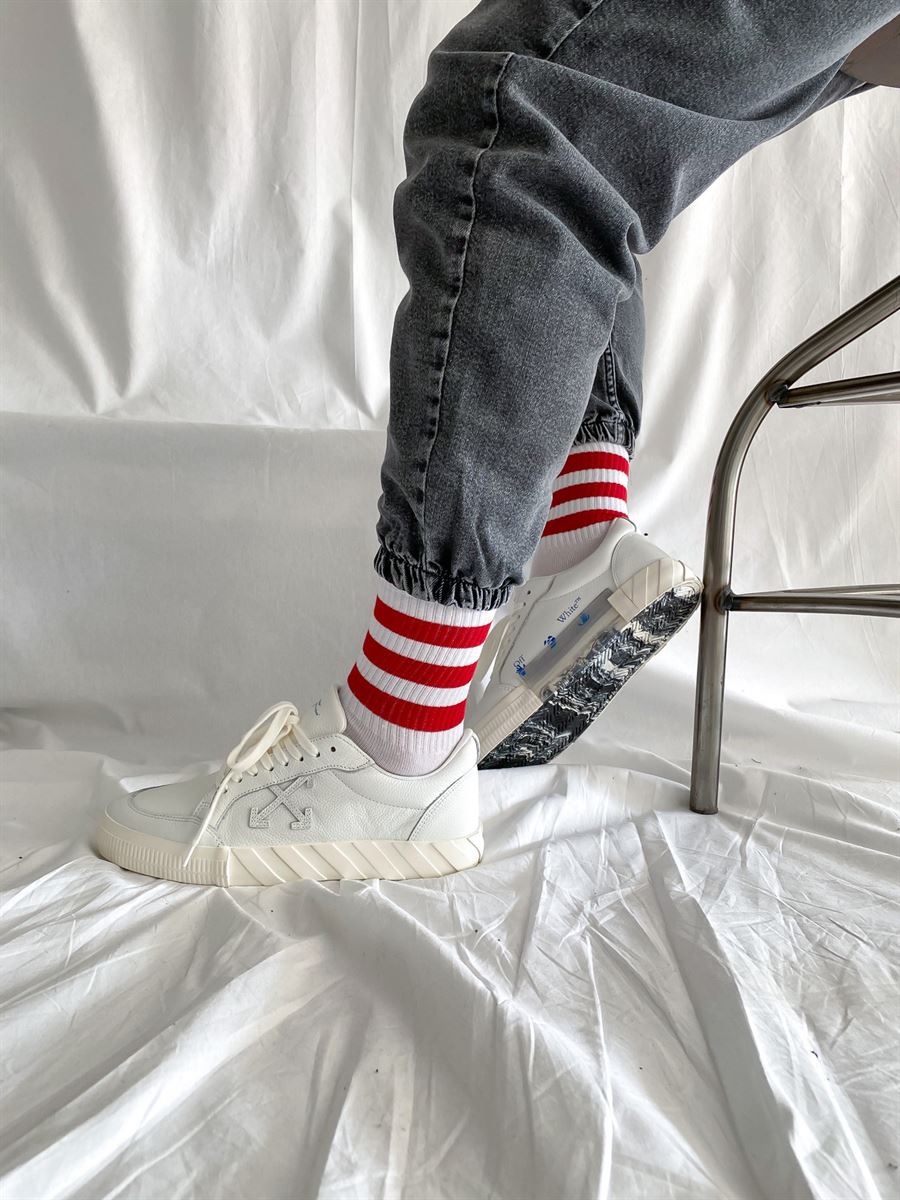 STD Kırmızı Çizgili Beyaz Uzun Çorap