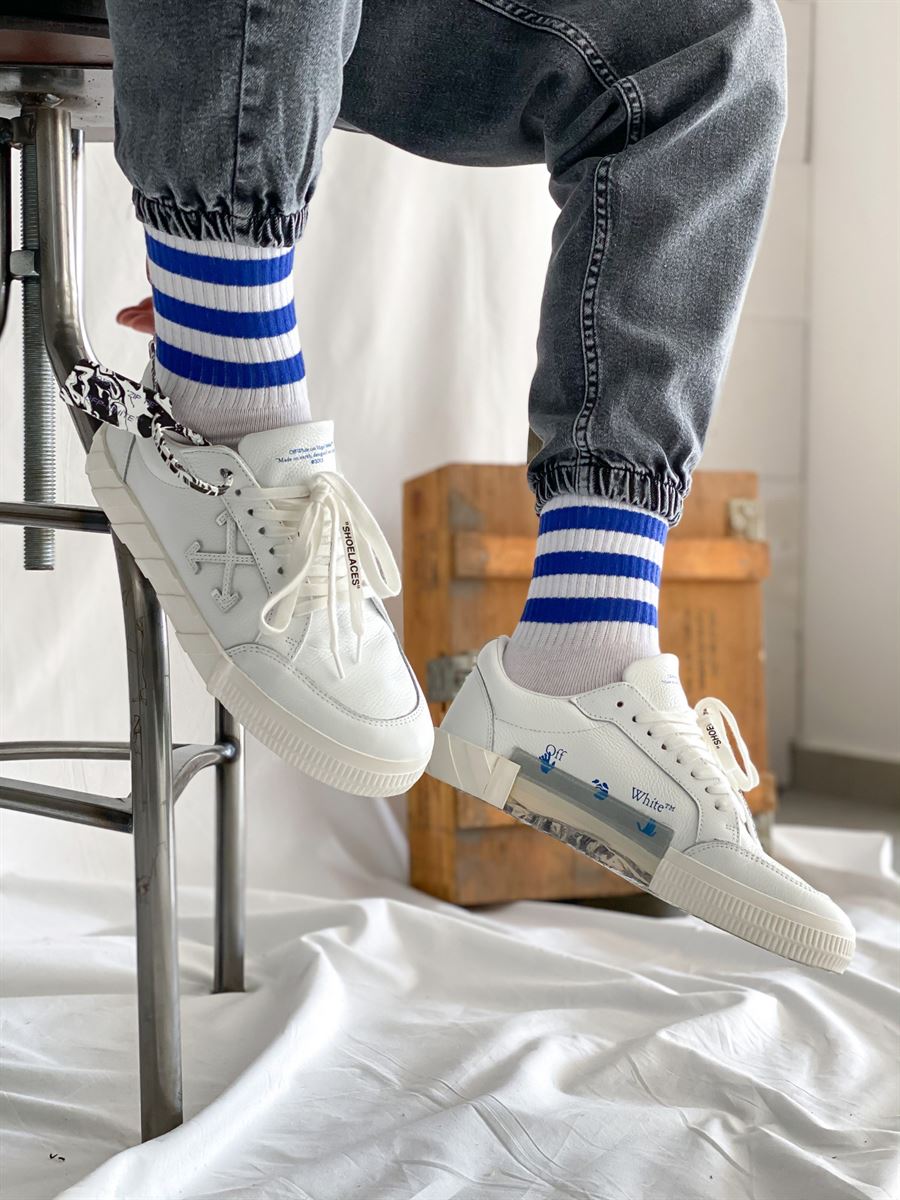 STD Mavi Çizgili Beyaz Uzun Çorap