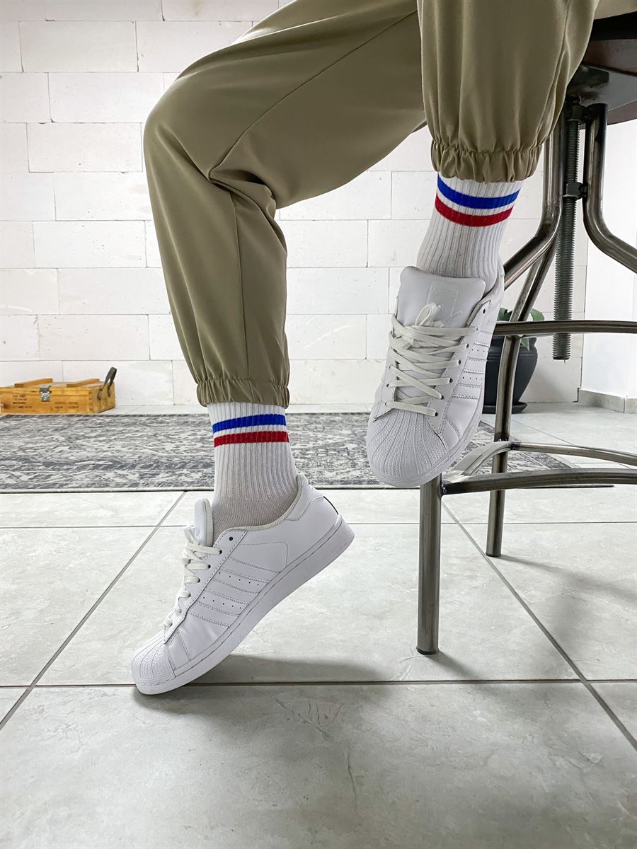 STD Çift Renk Çizgili Beyaz Çorap