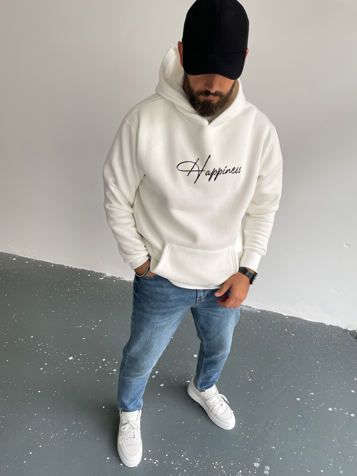 Beyaz Kapüşonlu Happiness Sweat C-378
