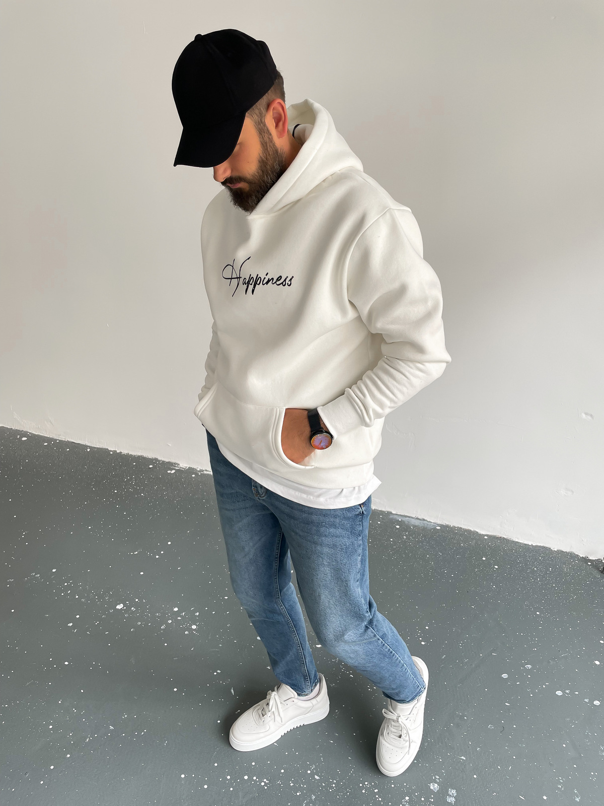 Beyaz Kapüşonlu Happiness Sweat C-378