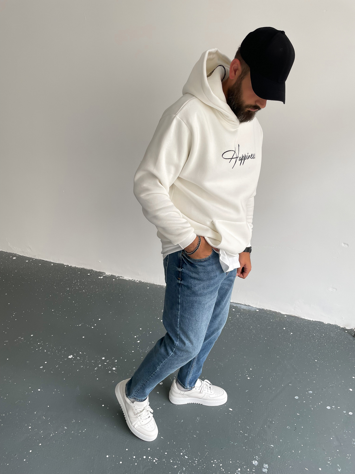 Beyaz Kapüşonlu Happiness Sweat C-378