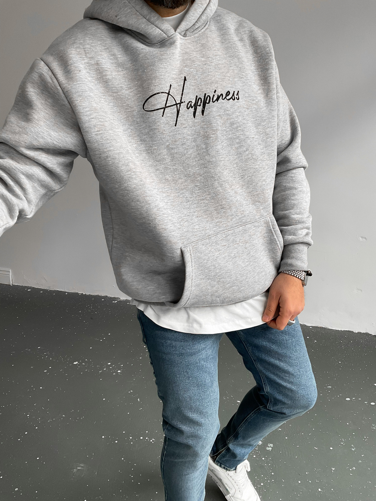 Gri Kapüşonlu Happiness Sweat C-378