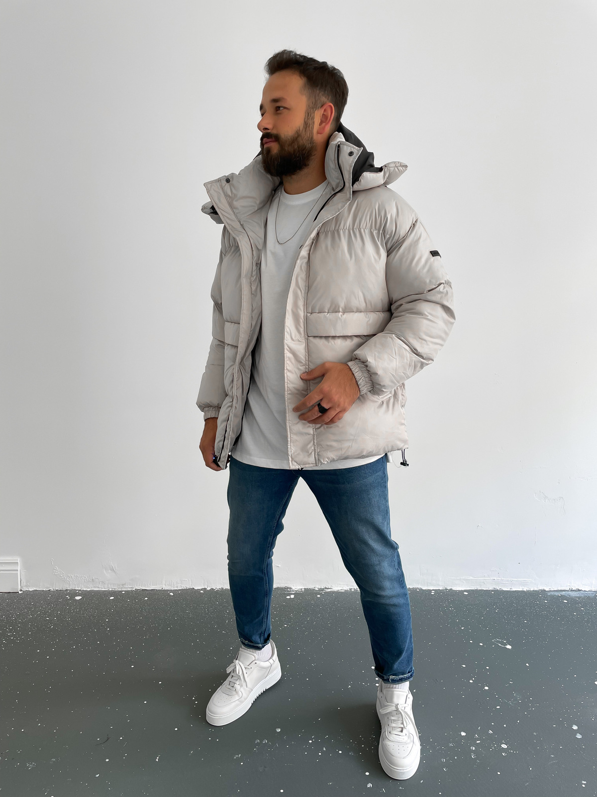 Gri Dik Yaka Şişme Mont B-4004