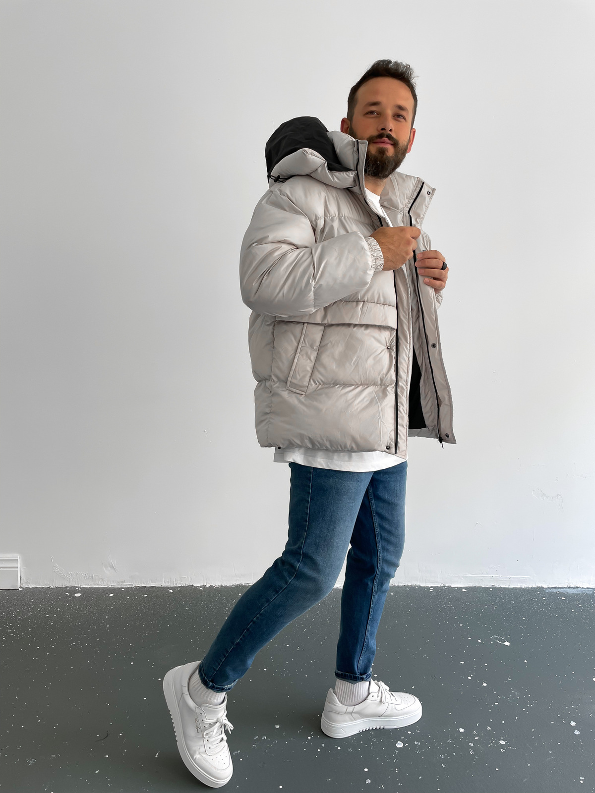 Gri Dik Yaka Şişme Mont B-4004