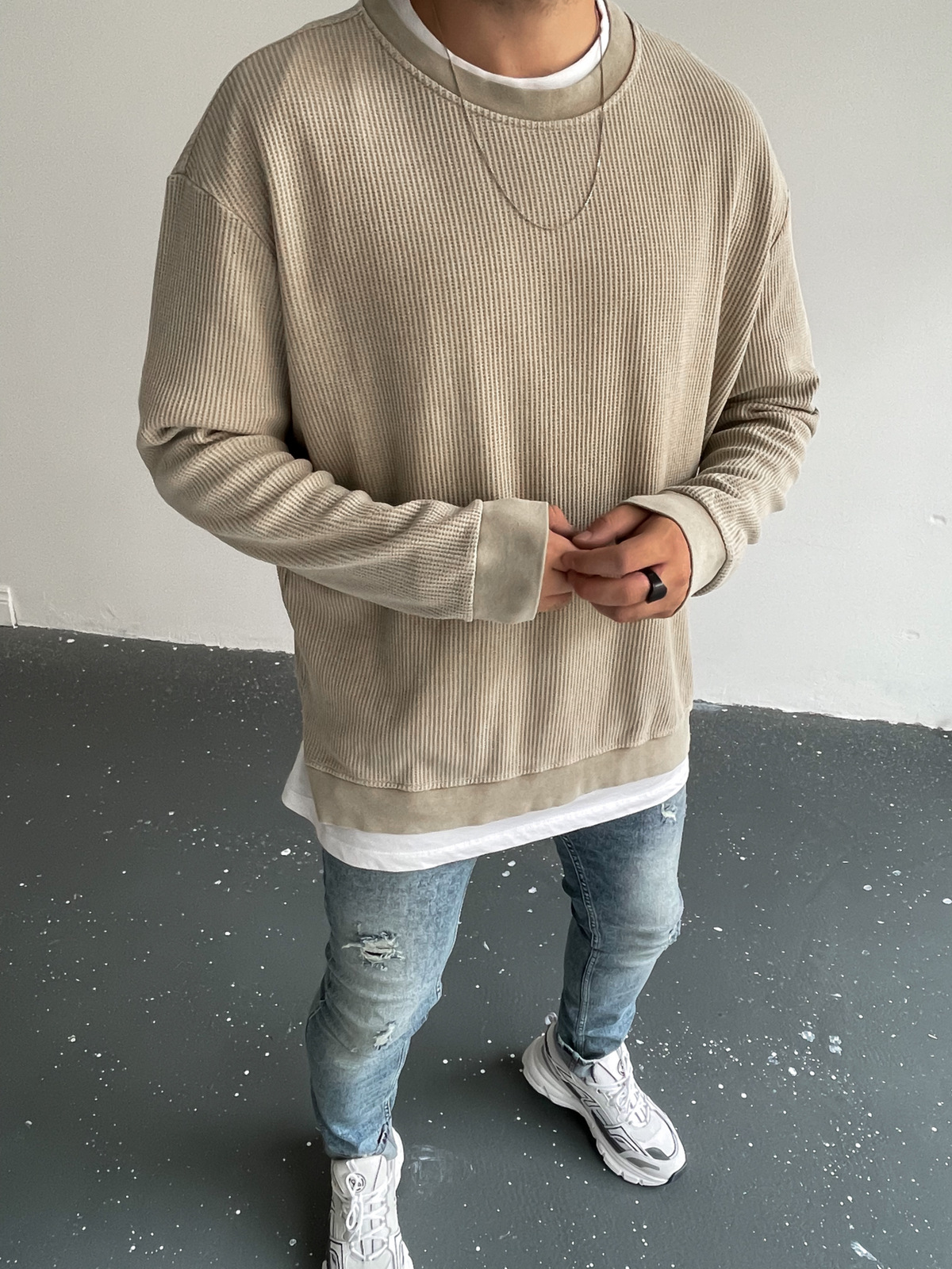 Bej Waffle Kumaş Yıkamalı Sweat C-388