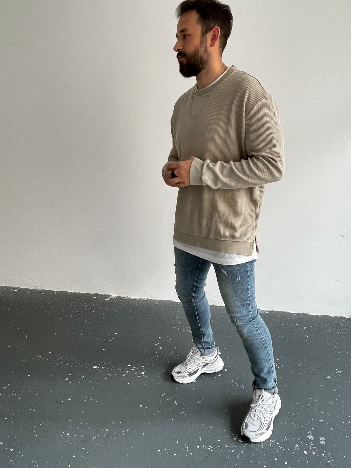 Bej Waffle Kumaş Yıkamalı Sweat C-388