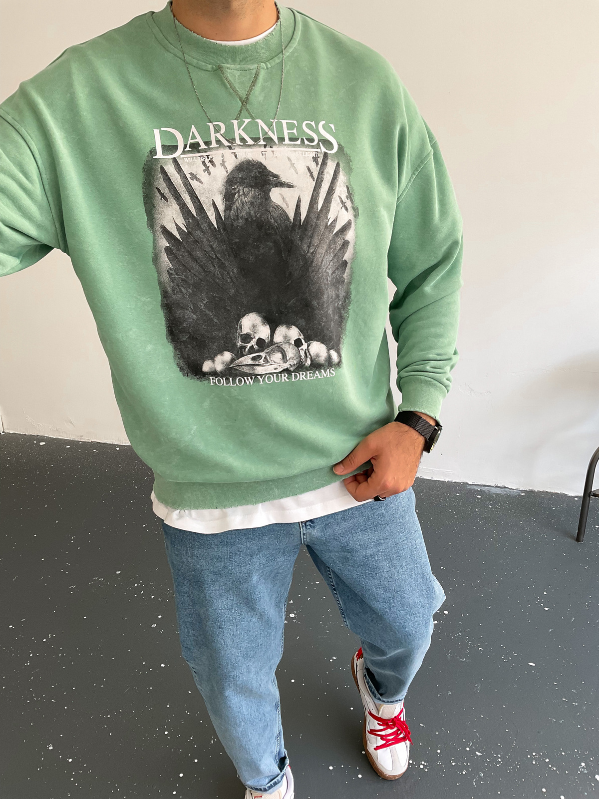 Yeşil Darkness Yıkamalı Sweat BLA-002