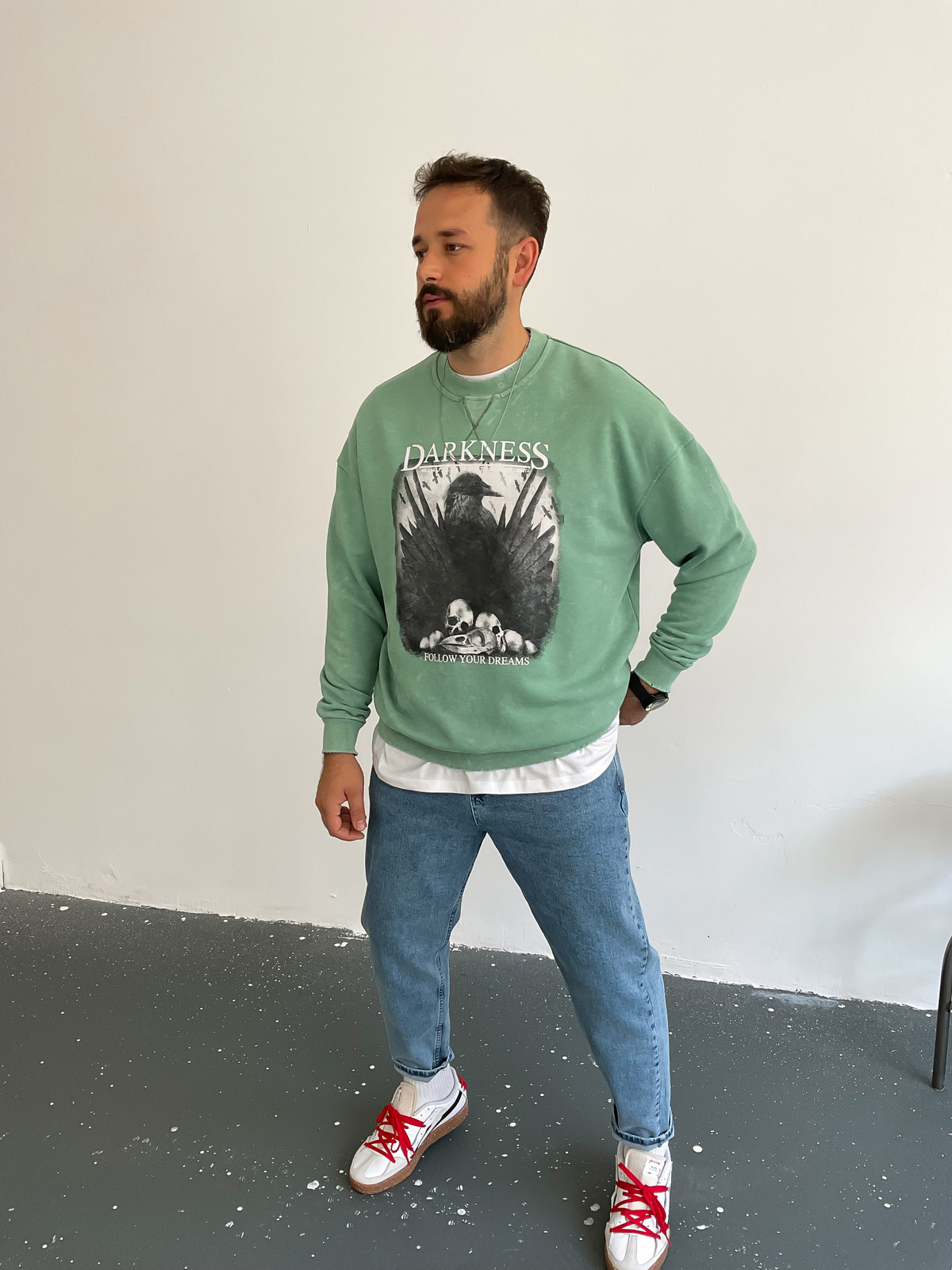 Yeşil Darkness Yıkamalı Sweat BLA-002