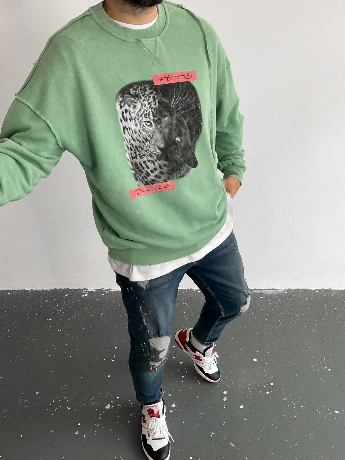 Yeşil Parçalı Yıkamalı Leopar Sweat BLA-005