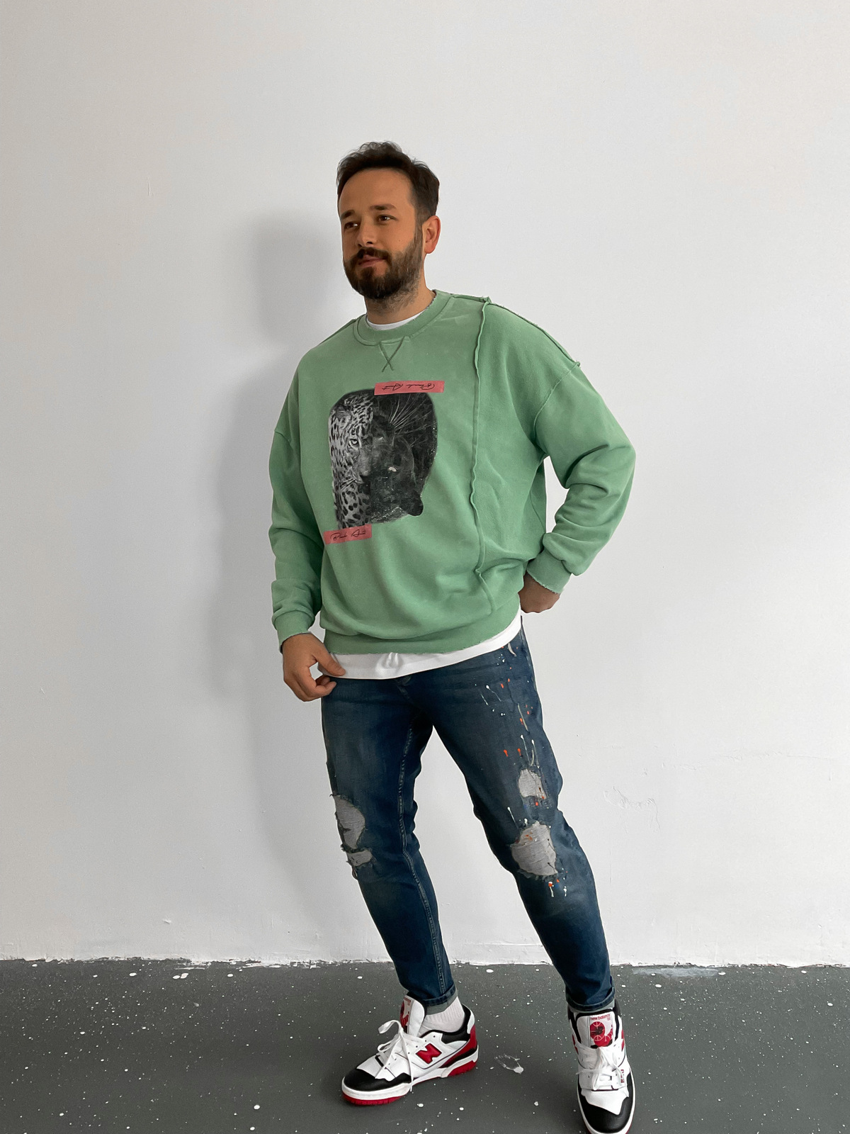 Yeşil Parçalı Yıkamalı Leopar Sweat BLA-005
