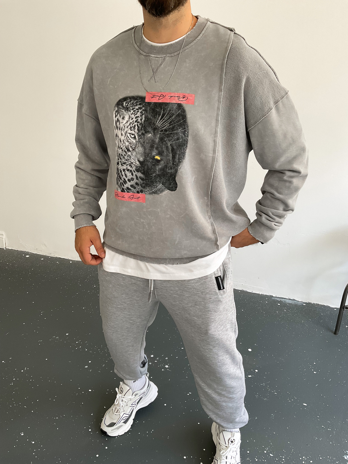 Gri Parçalı Yıkamalı Leopar Sweat BLA-005