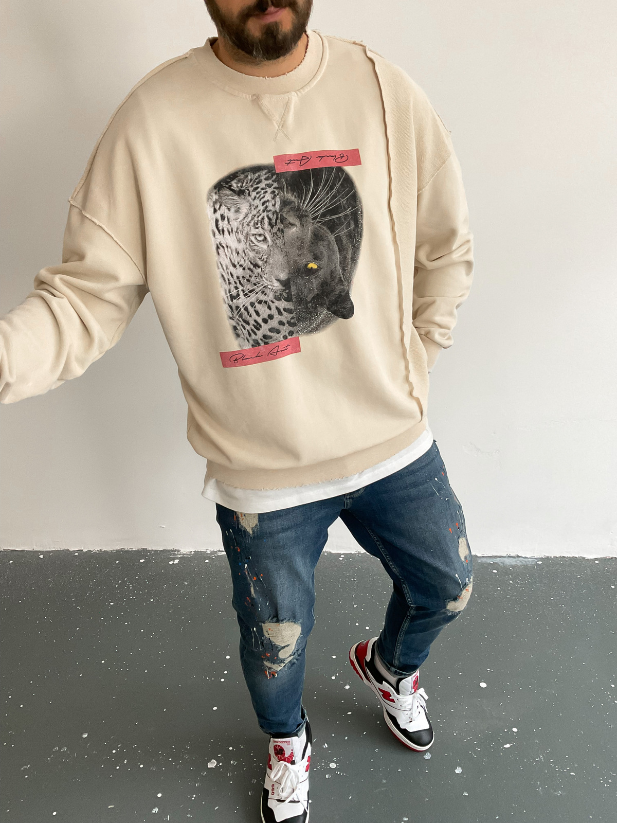 Krem Parçalı Yıkamalı Leopar Sweat BLA-005