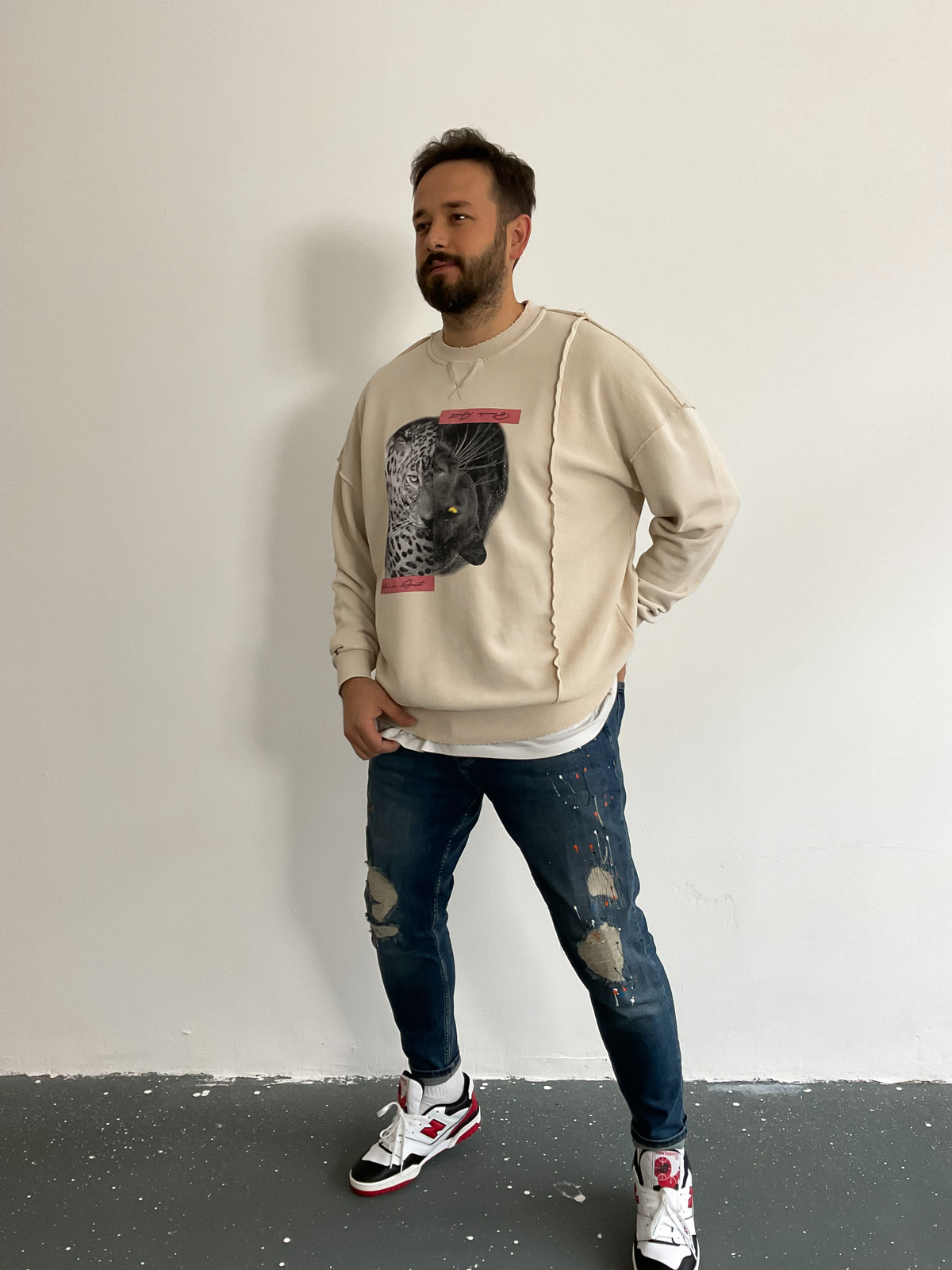 Krem Parçalı Yıkamalı Leopar Sweat BLA-005