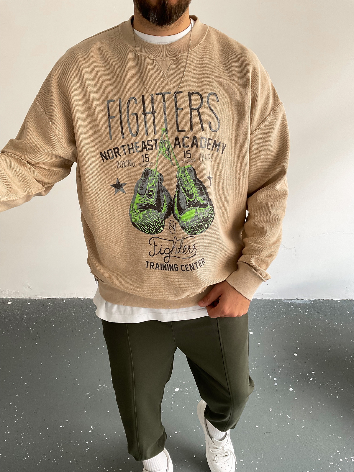 Bej Çift Taraflı Yıkamalı Fighters Sweat BLA-009
