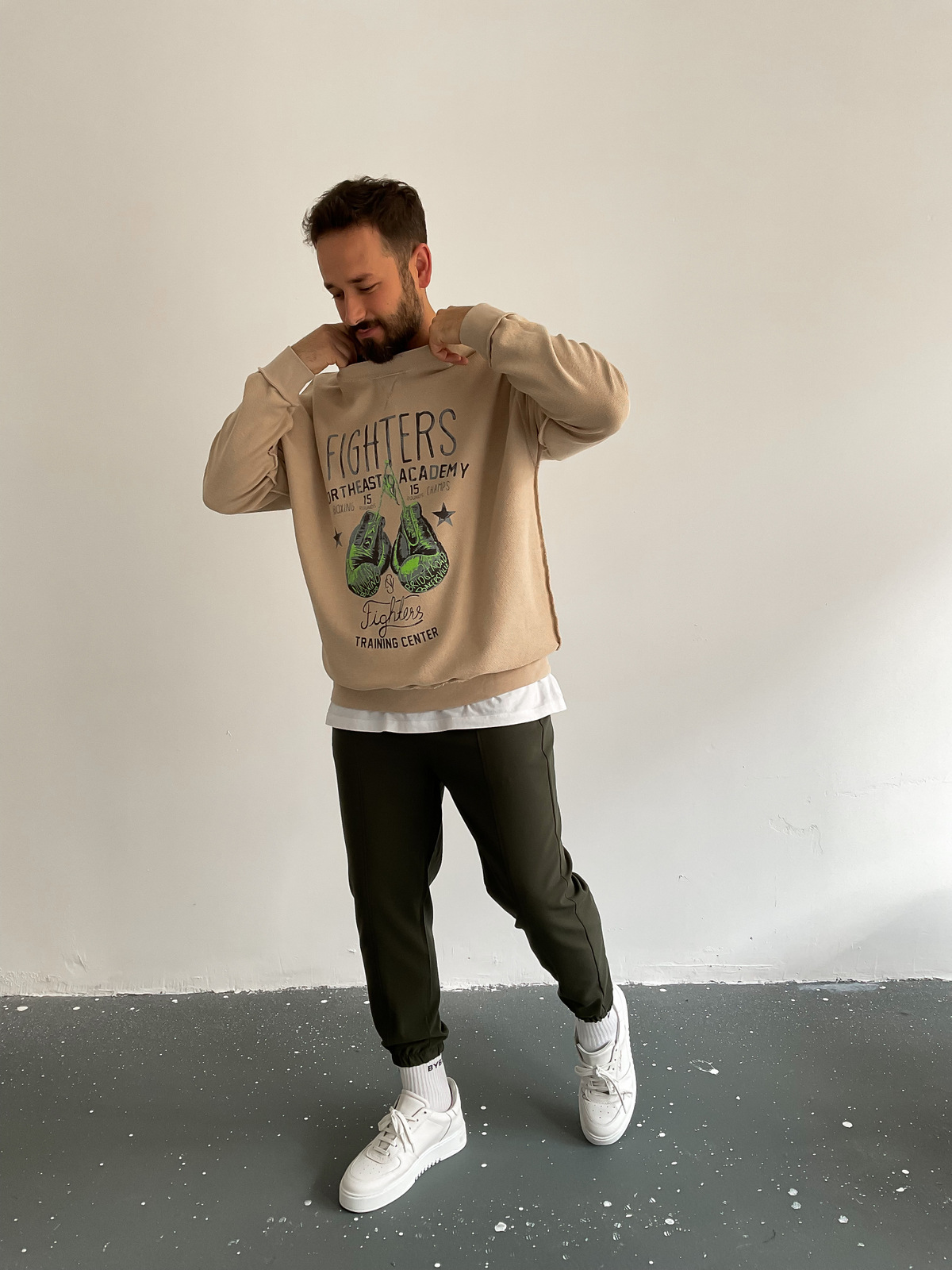 Bej Çift Taraflı Yıkamalı Fighters Sweat BLA-009