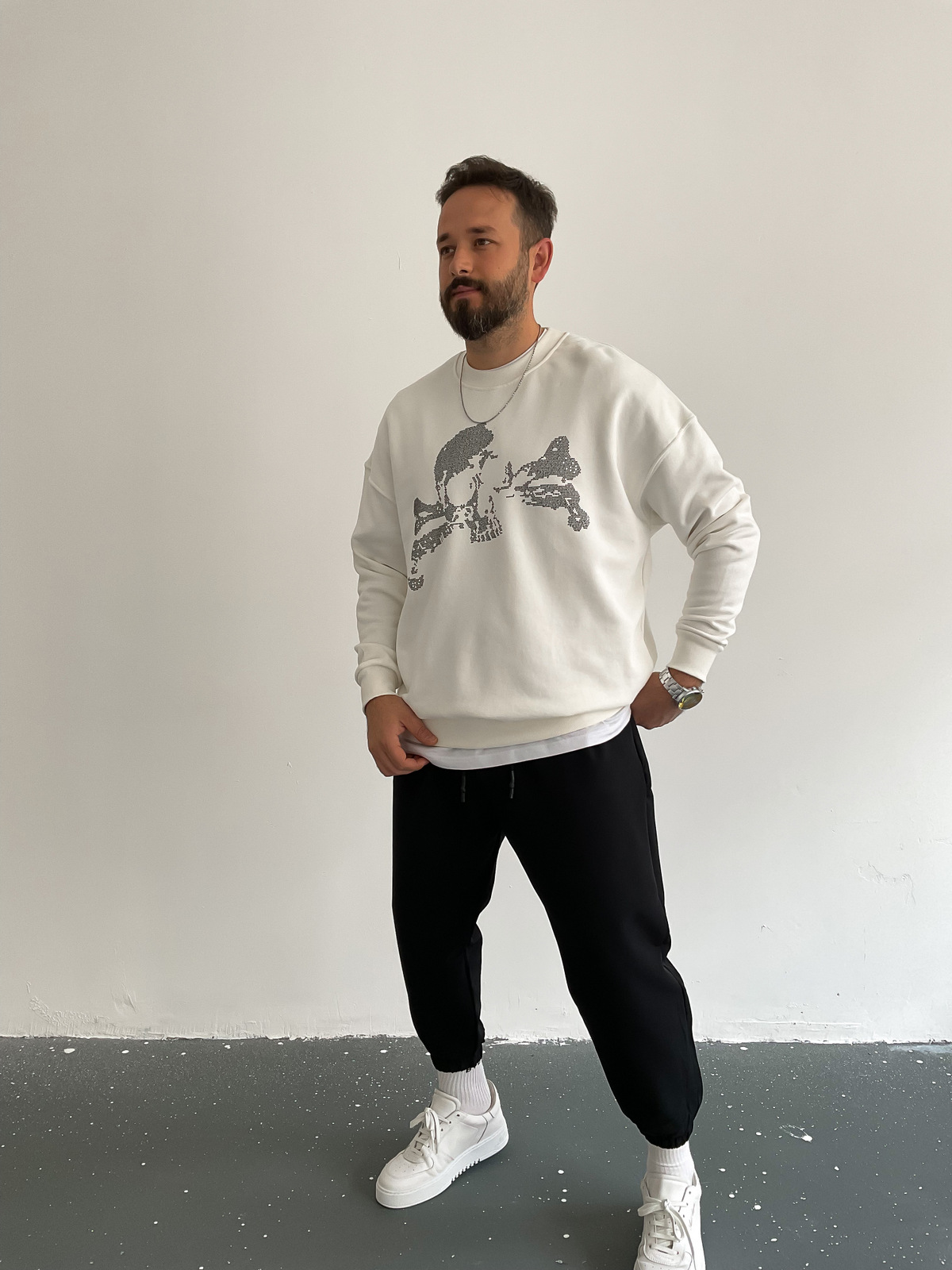 Beyaz Skull Taşlı Sweat BLA-012