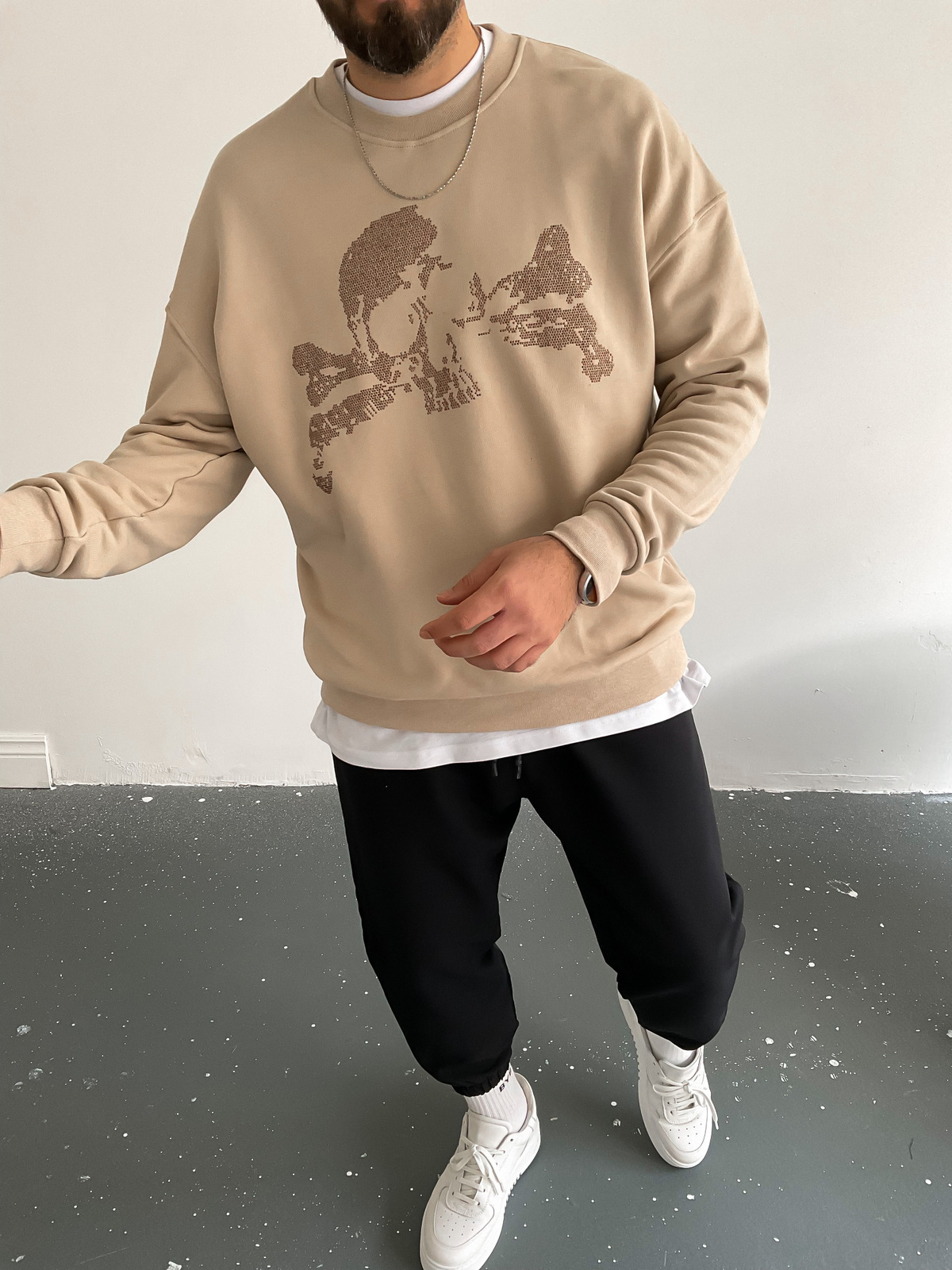 Bej Skull Taşlı Sweat BLA-012