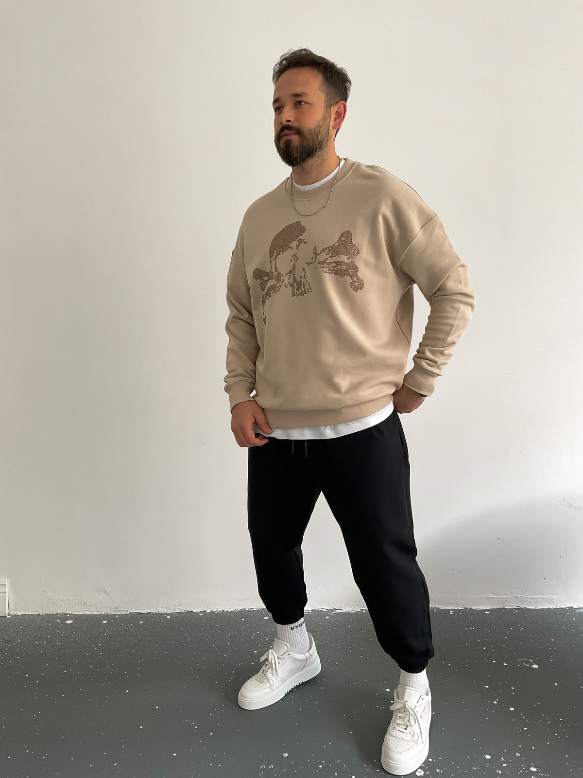 Bej Skull Taşlı Sweat BLA-012