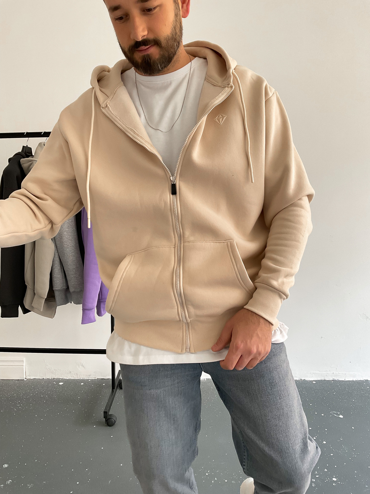 Bej Fermuarlı Kapüşonlu Sweat C-397