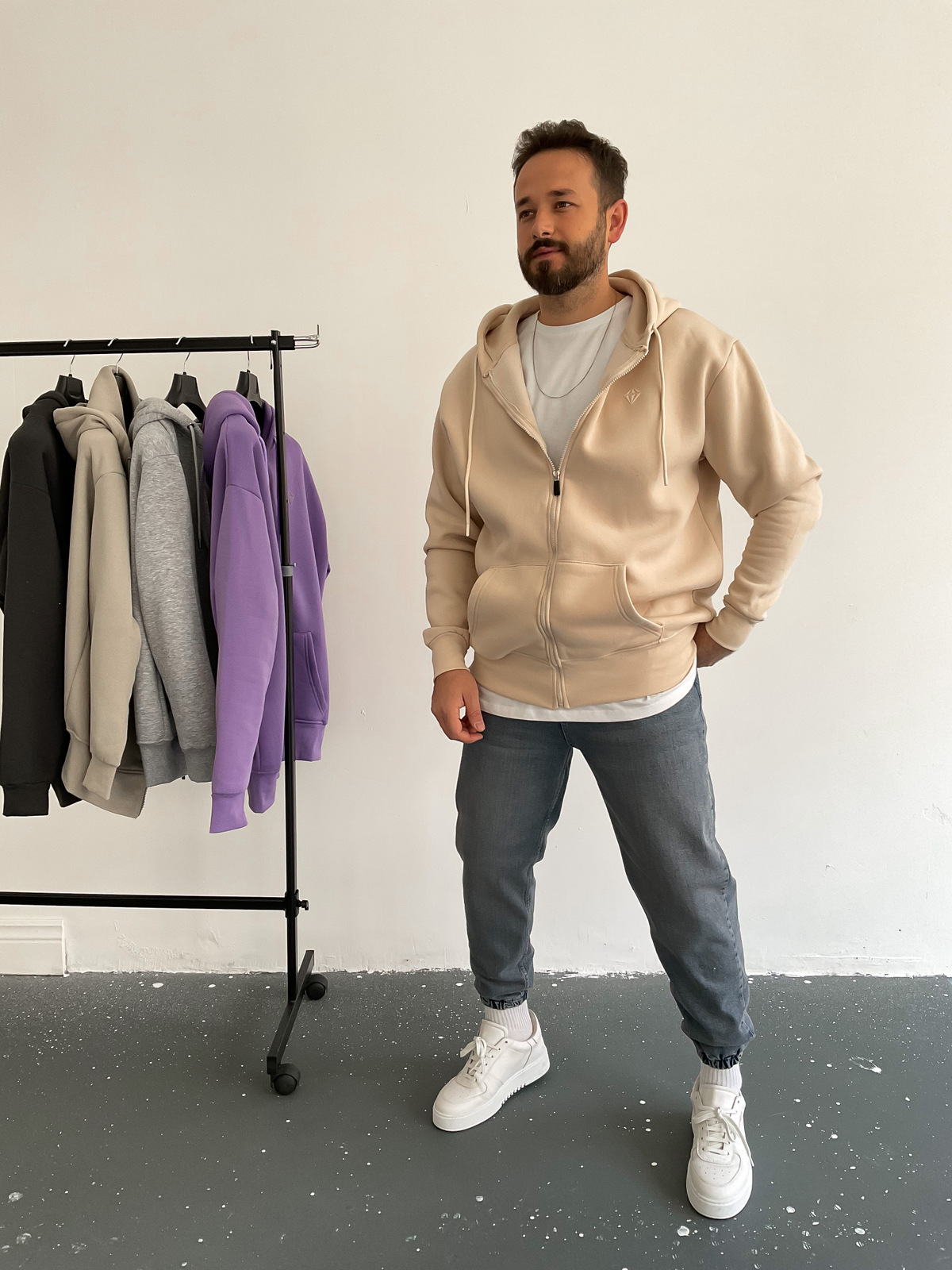 Bej Fermuarlı Kapüşonlu Sweat C-397