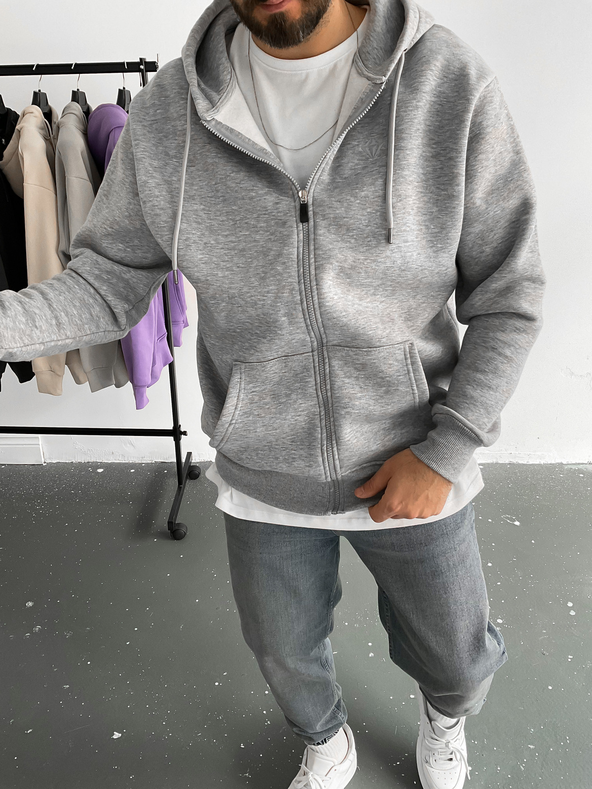 Gri Fermuarlı Kapüşonlu Sweat C-397