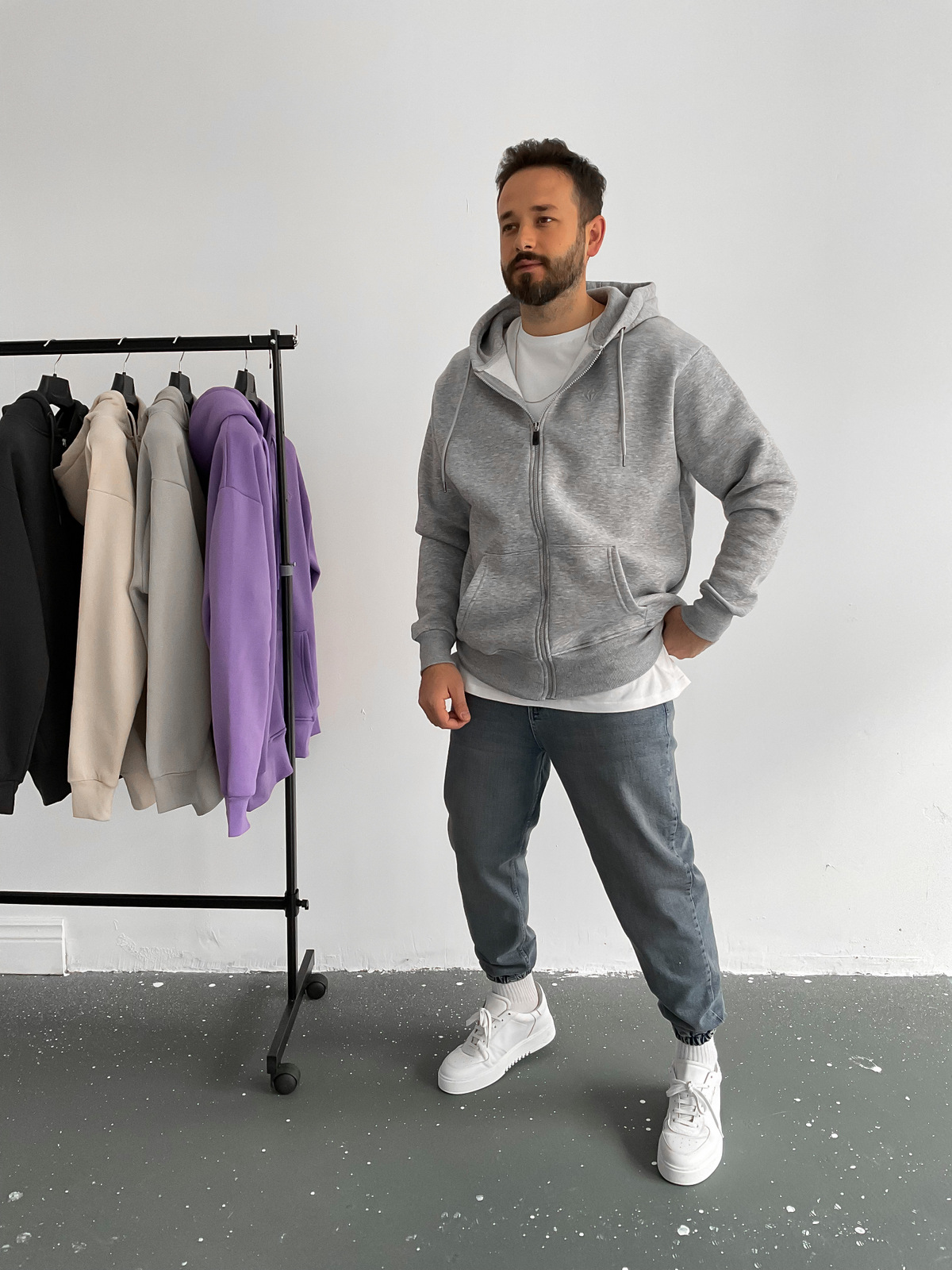 Gri Fermuarlı Kapüşonlu Sweat C-397