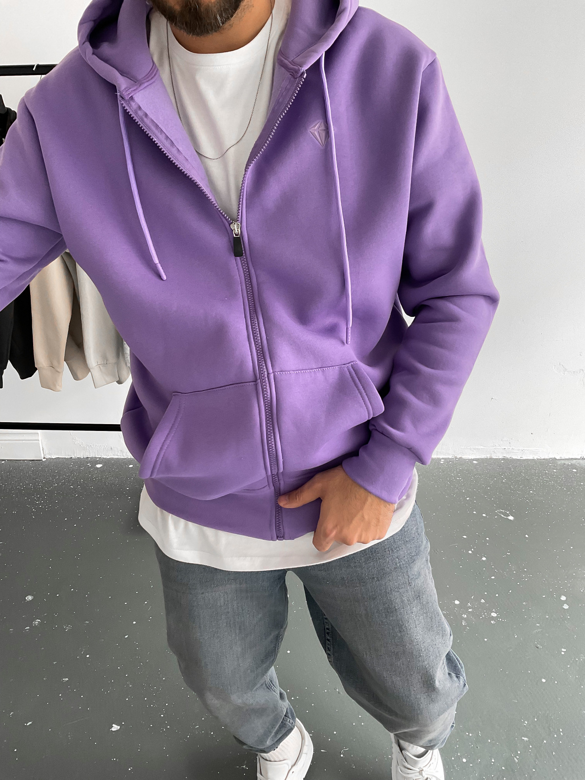 Mor Fermuarlı Kapüşonlu Sweat C-397