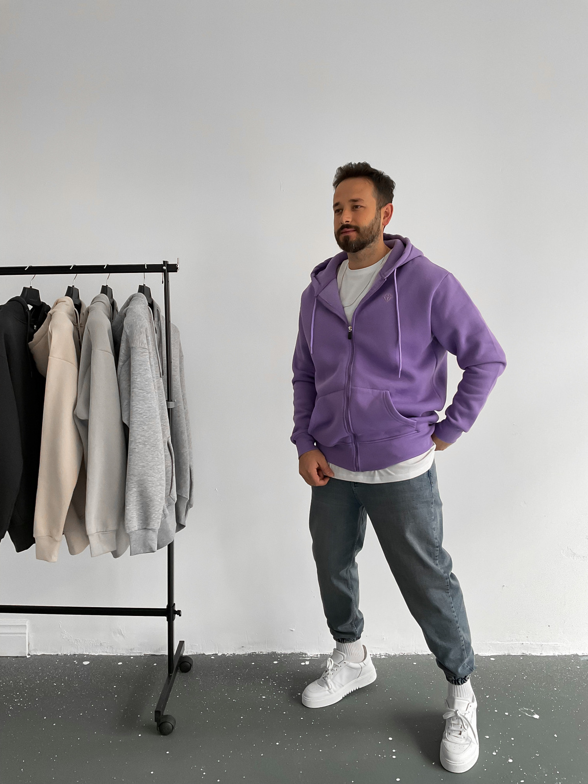 Mor Fermuarlı Kapüşonlu Sweat C-397