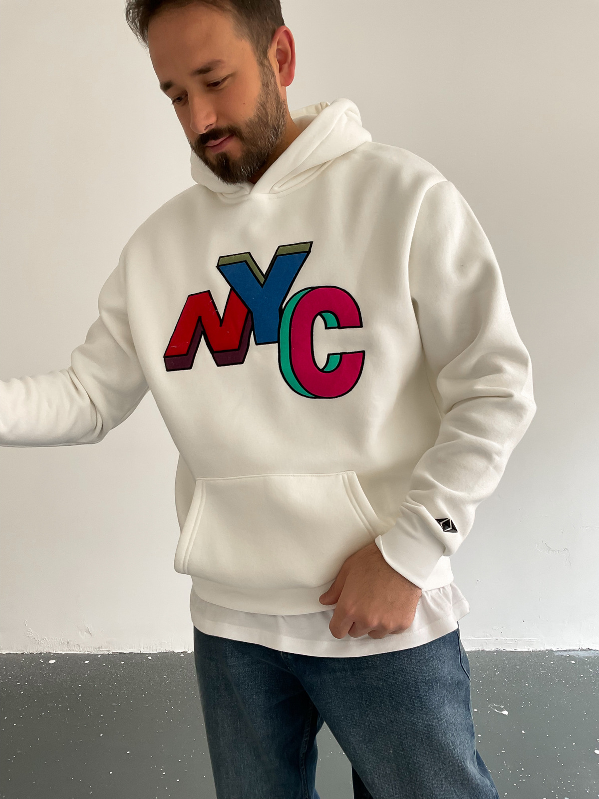 Beyaz NYC Kapüşonlu Sweat C-413