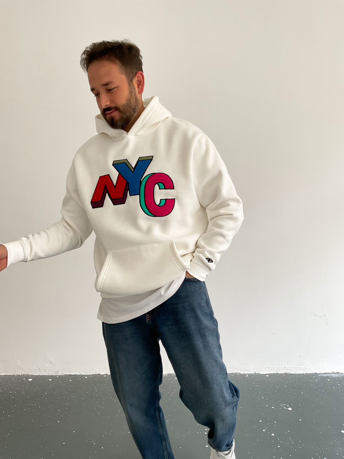 Beyaz NYC Kapüşonlu Sweat C-413