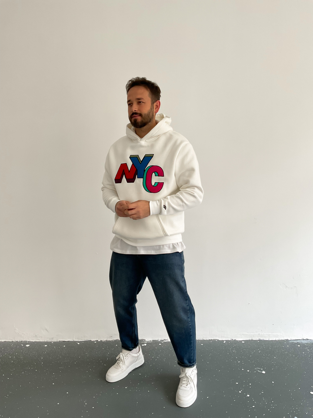 Beyaz NYC Kapüşonlu Sweat C-413