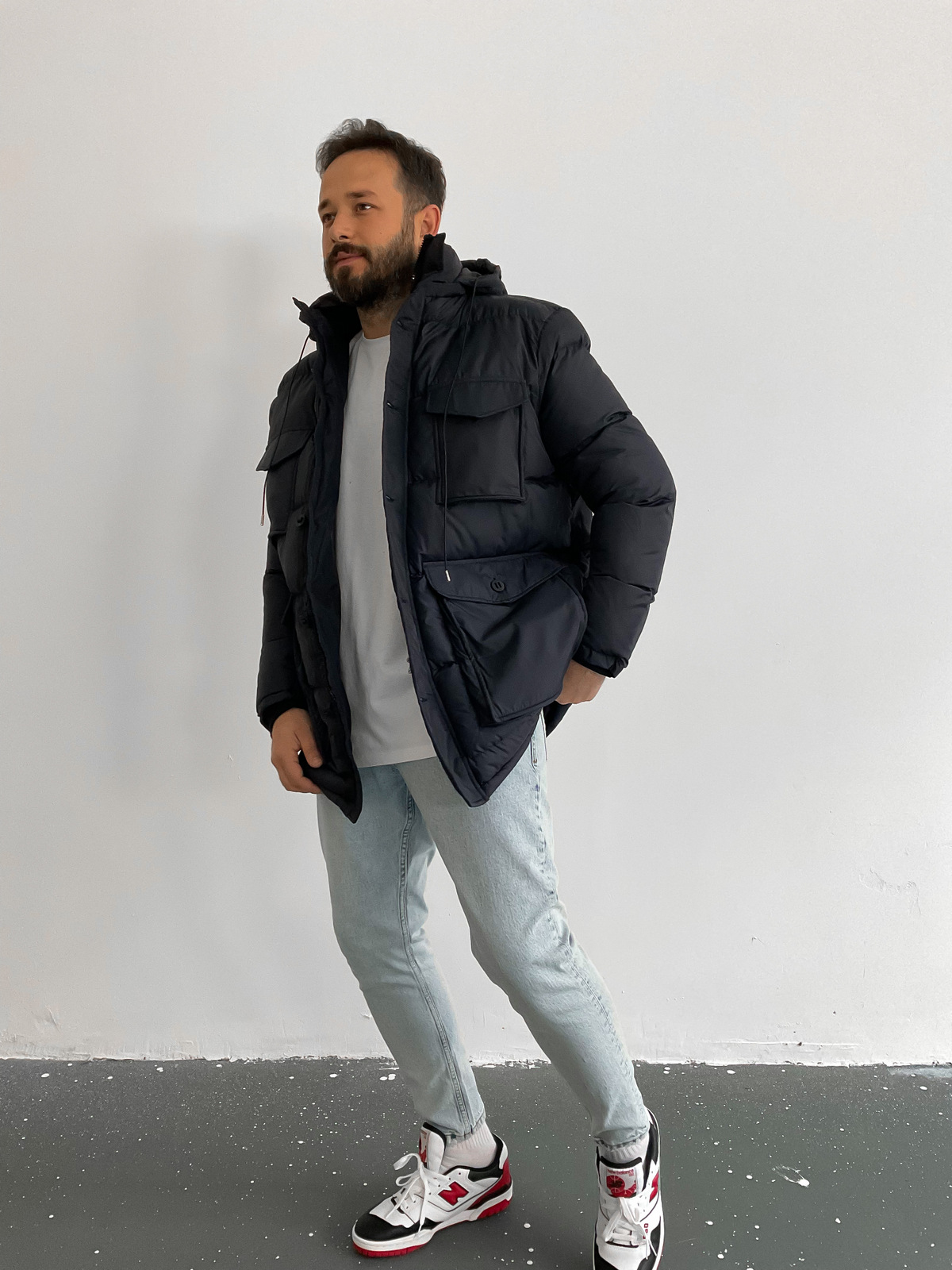 Lacivert Kapüşonlu Cepli Mont V-641