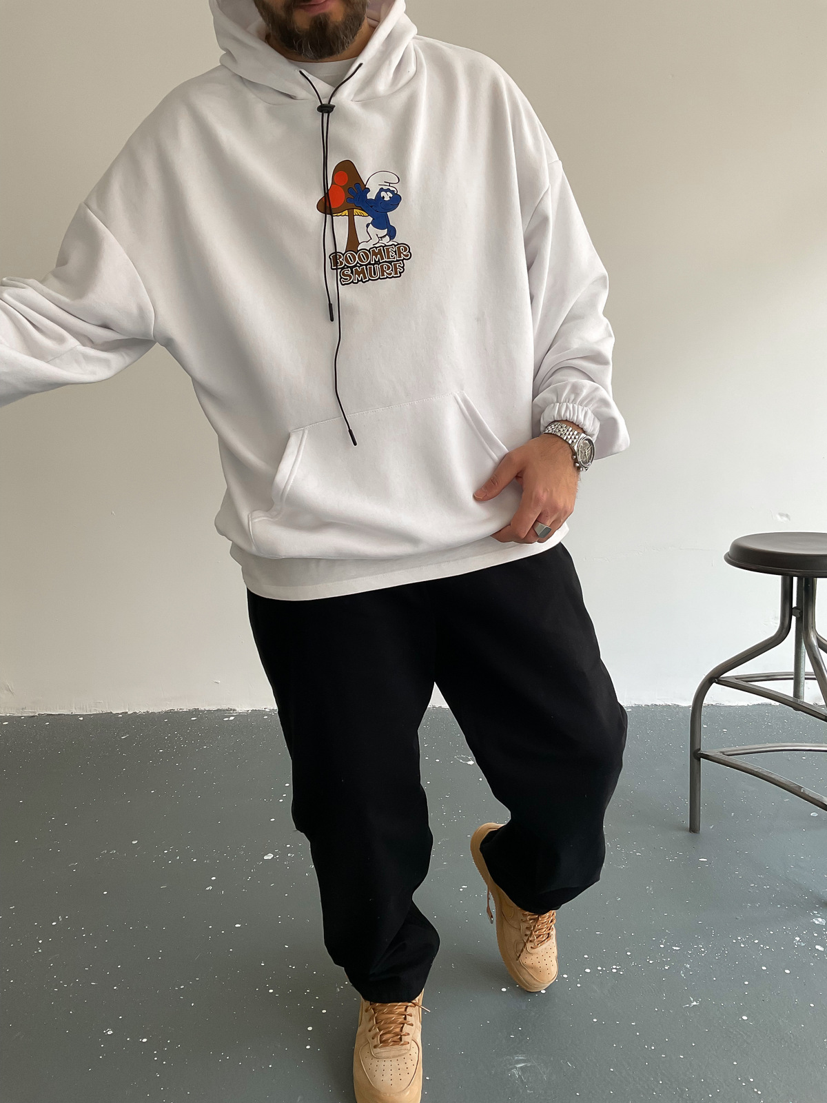 Beyaz Bommer Smurf Kapüşonlu Sweat BS-005