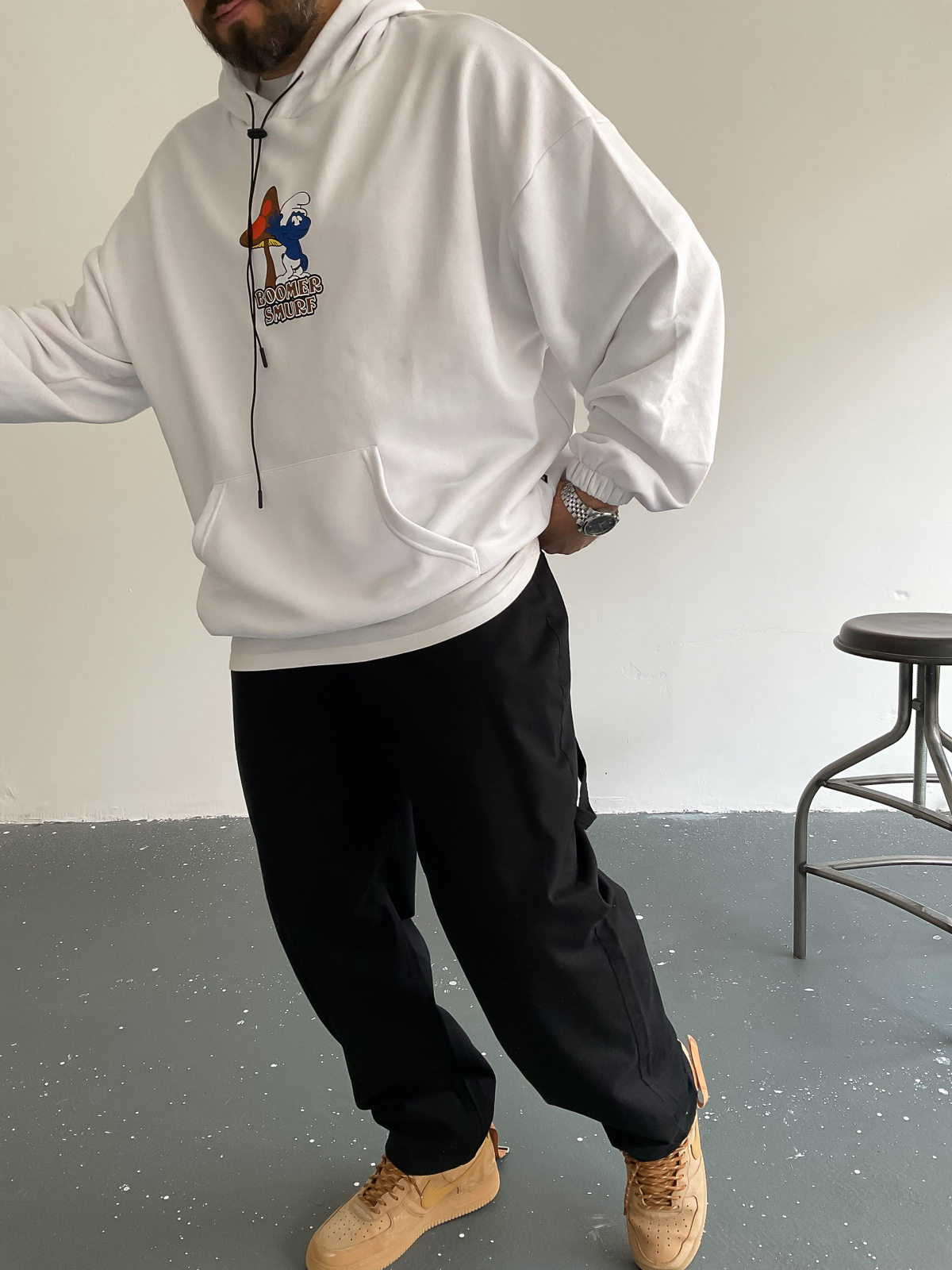 Beyaz Bommer Smurf Kapüşonlu Sweat BS-005