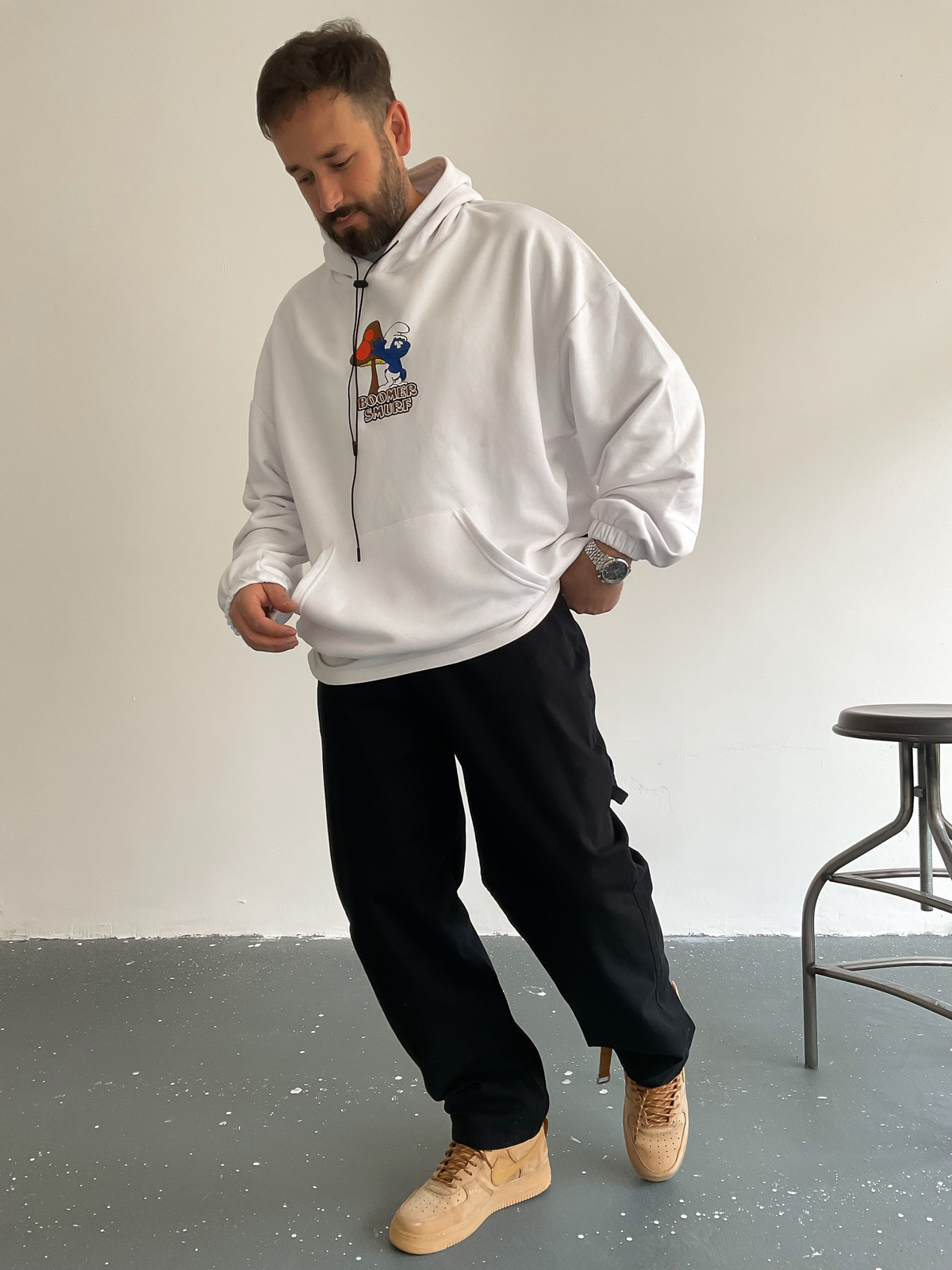 Beyaz Bommer Smurf Kapüşonlu Sweat BS-005