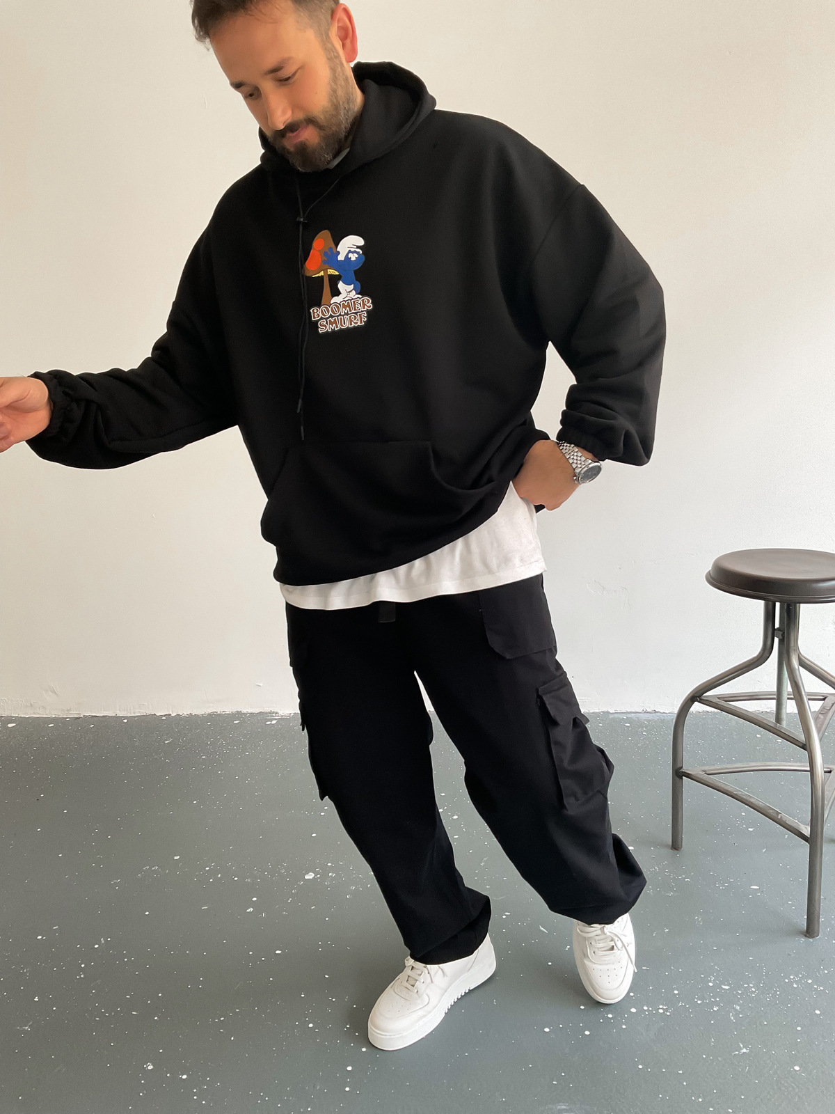 Siyah Bommer Smurf Kapüşonlu Sweat BS-005
