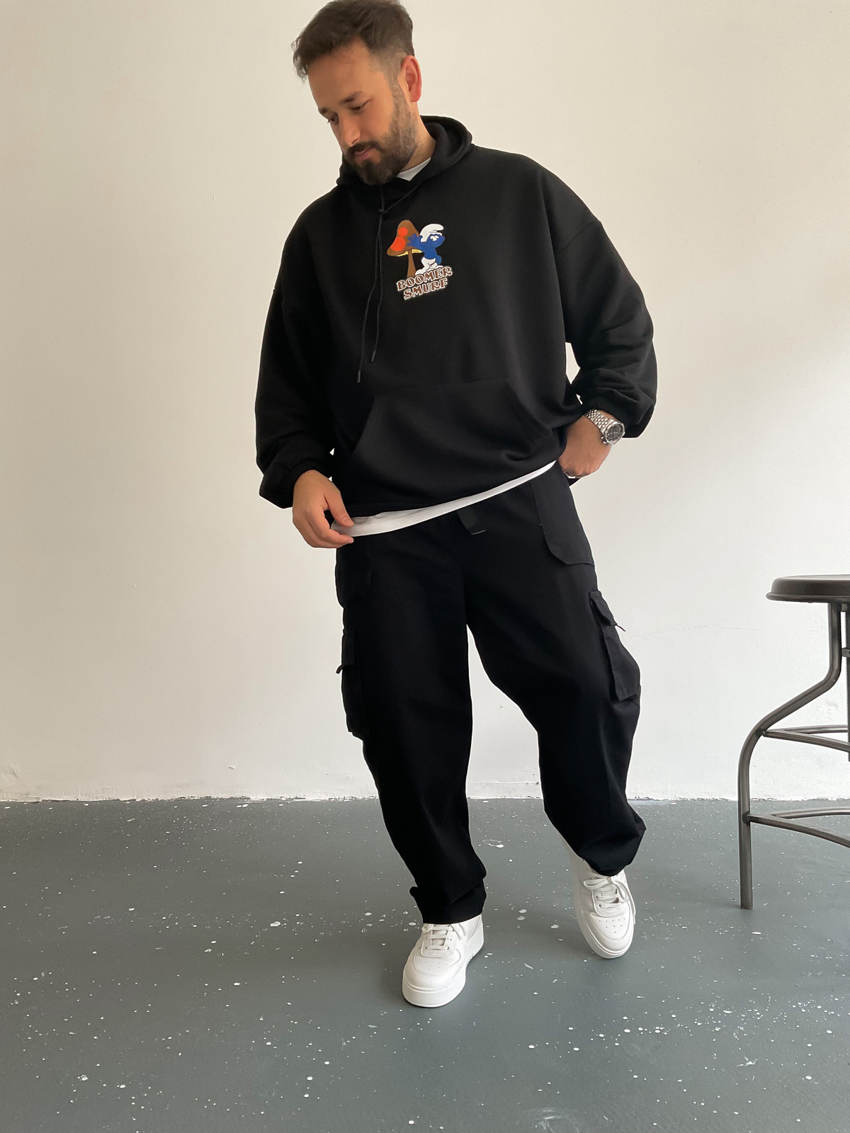 Siyah Bommer Smurf Kapüşonlu Sweat BS-005