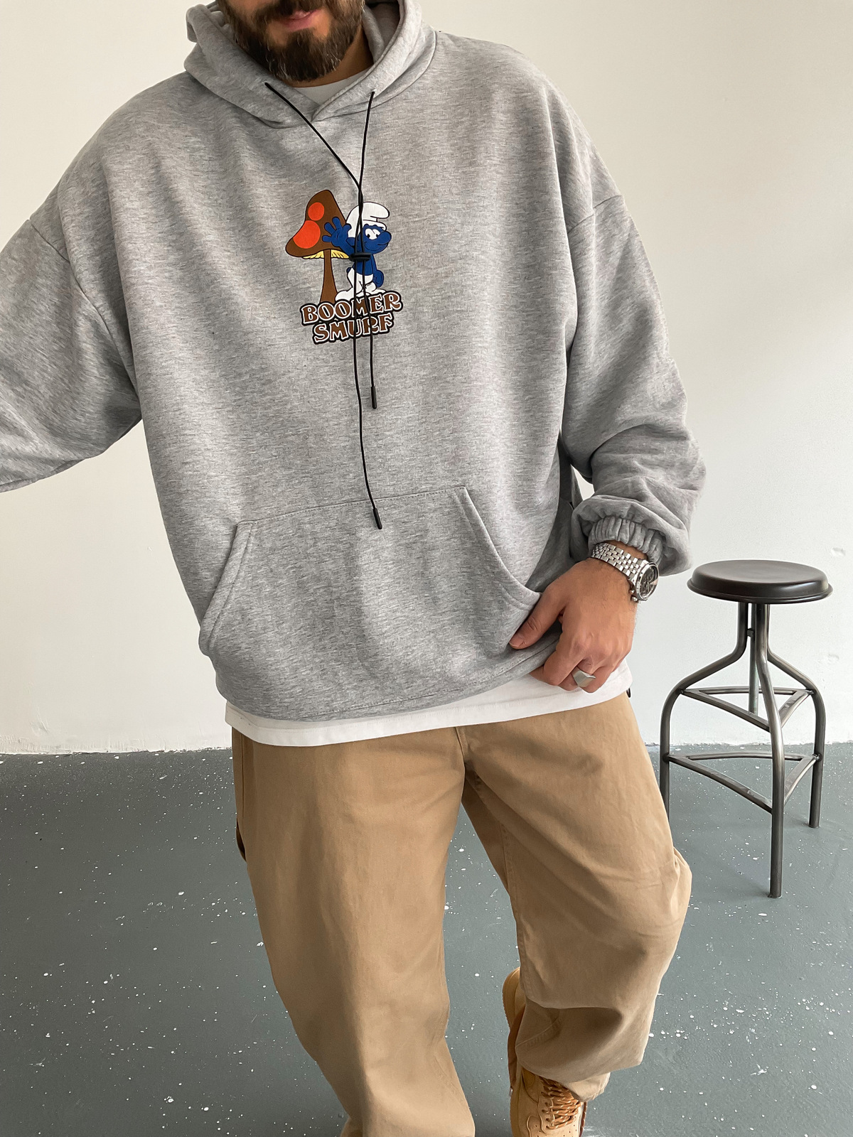 Gri Bommer Smurf Kapüşonlu Sweat BS-005