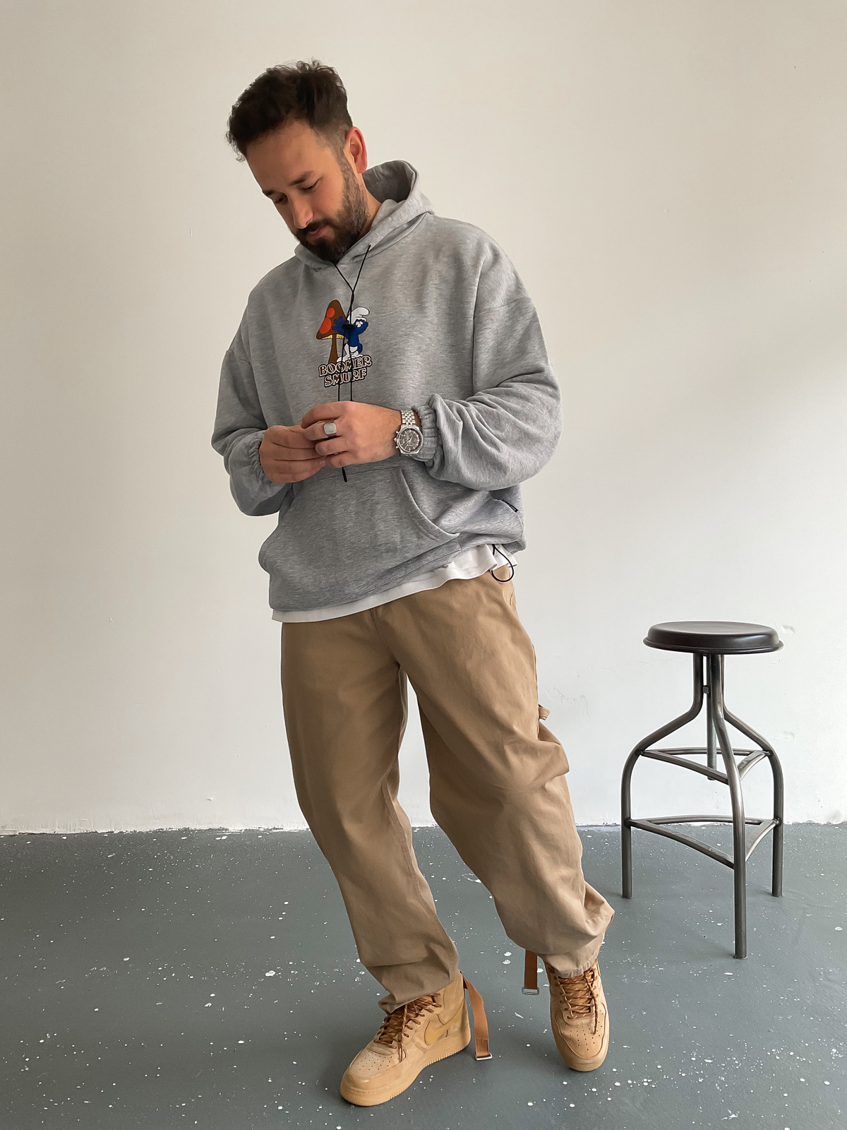 Gri Bommer Smurf Kapüşonlu Sweat BS-005