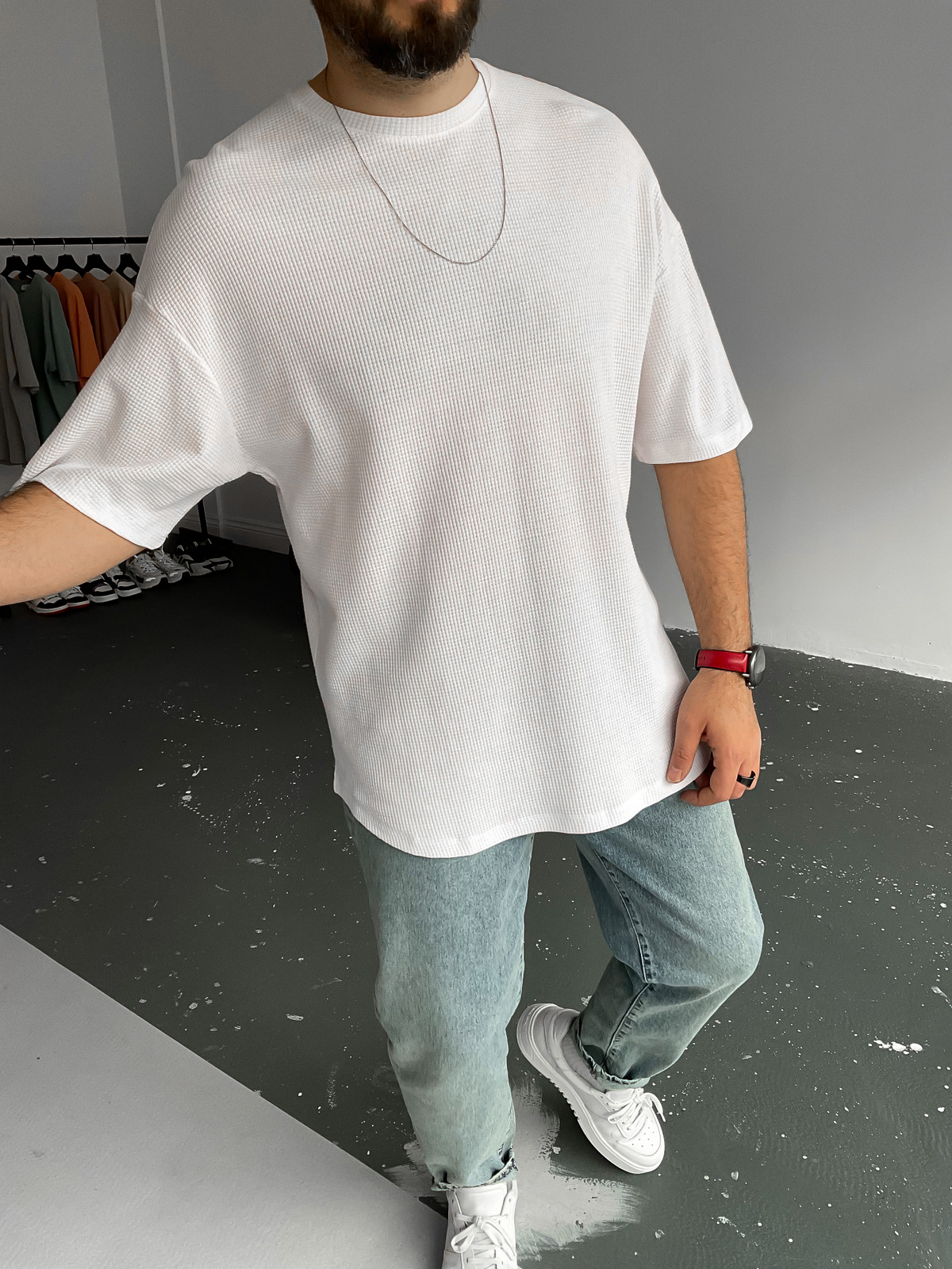 Beyaz Waffle Kumaş Basic T-Shirt BY-1201