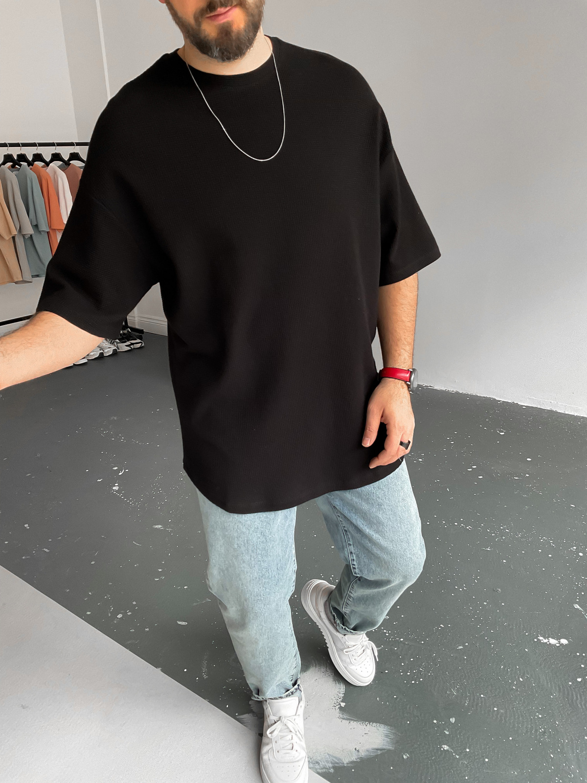 Siyah Waffle Kumaş Basic T-Shirt BY-1201