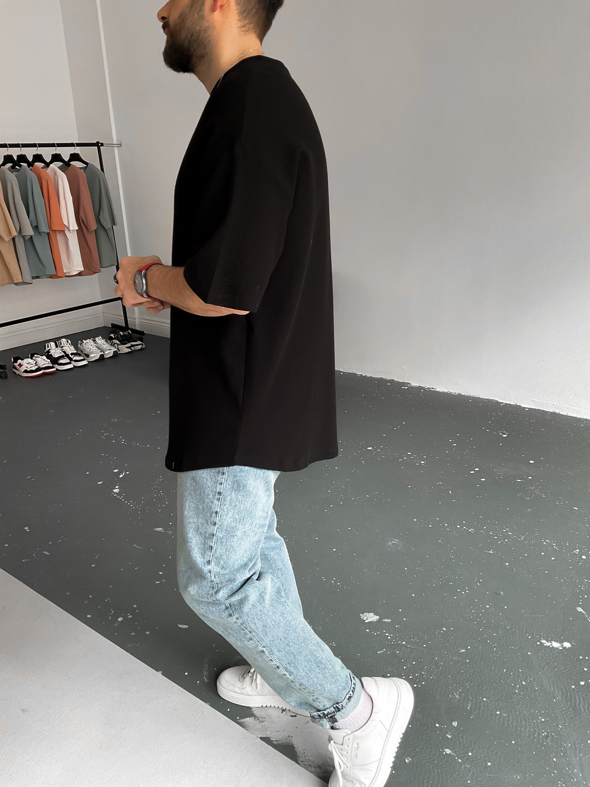 Siyah Waffle Kumaş Basic T-Shirt BY-1201