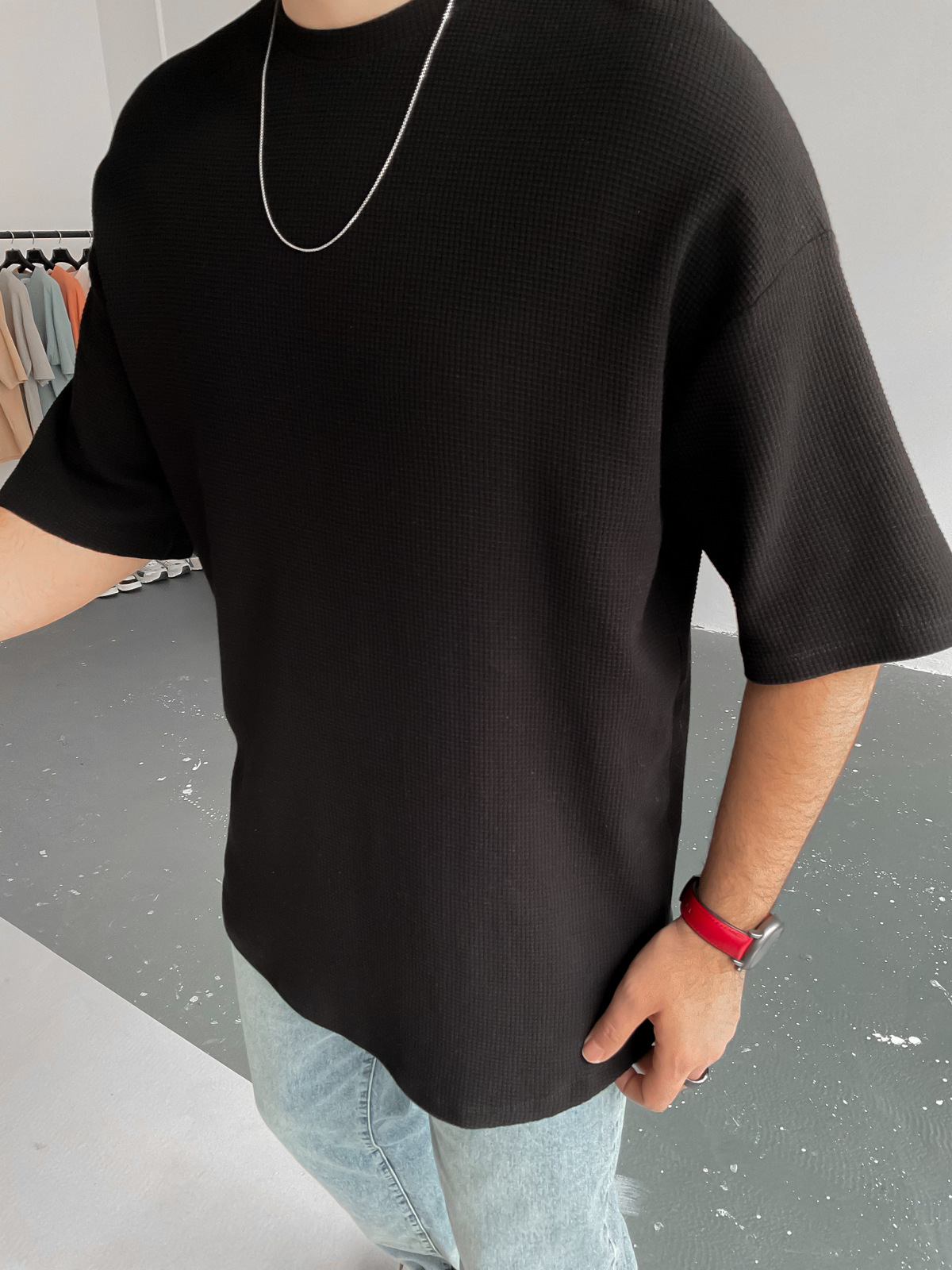 Siyah Waffle Kumaş Basic T-Shirt BY-1201