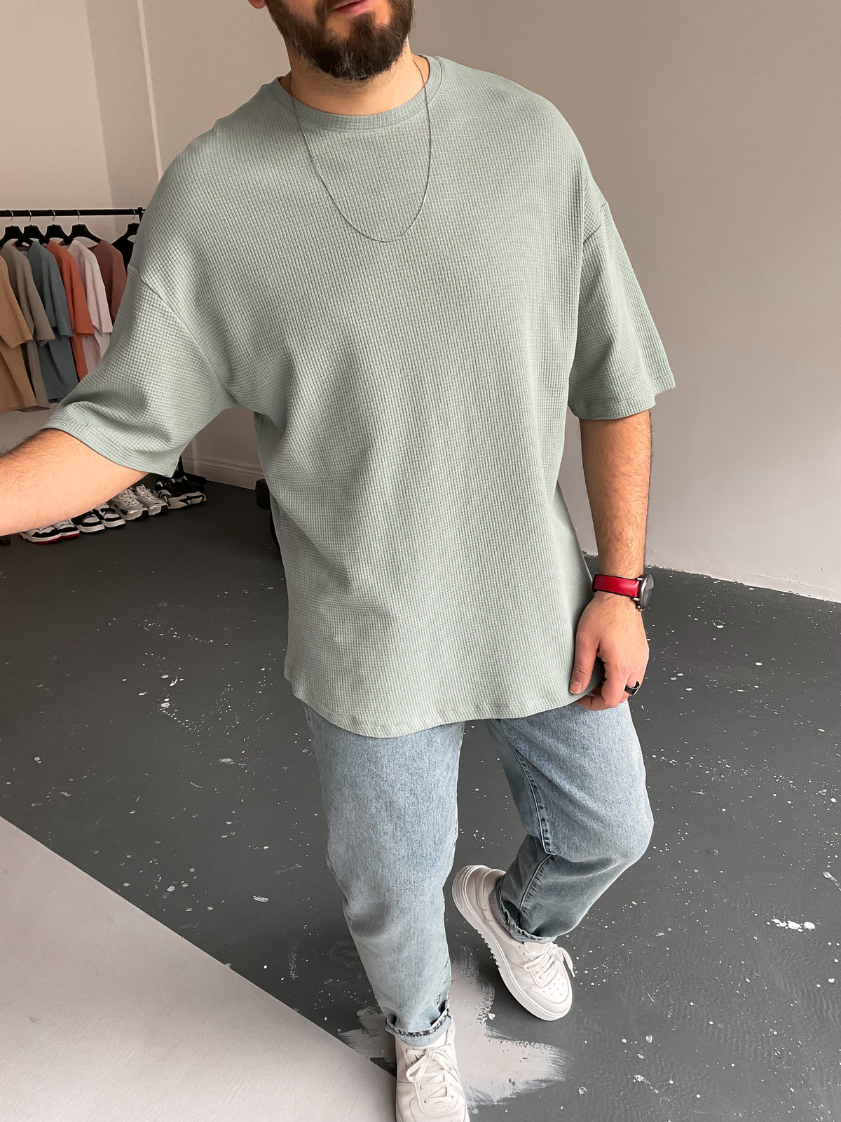 Mint Yeşili Waffle Kumaş Basic T-Shirt BY-1201