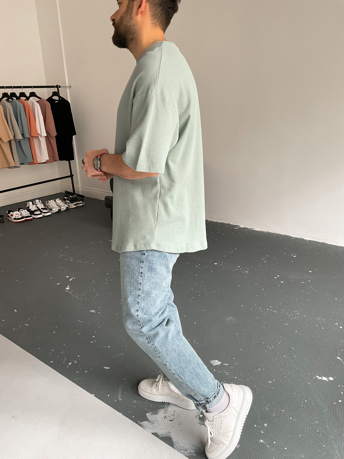 Mint Yeşili Waffle Kumaş Basic T-Shirt BY-1201
