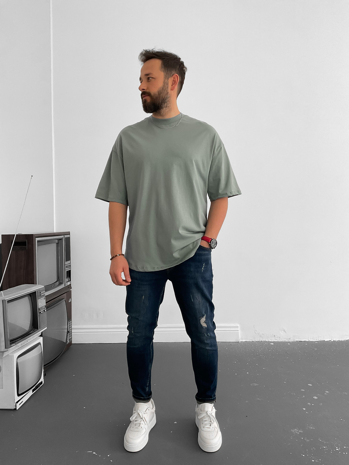 Yeşil Oval Kesim Basic T-Shirt BY-1202