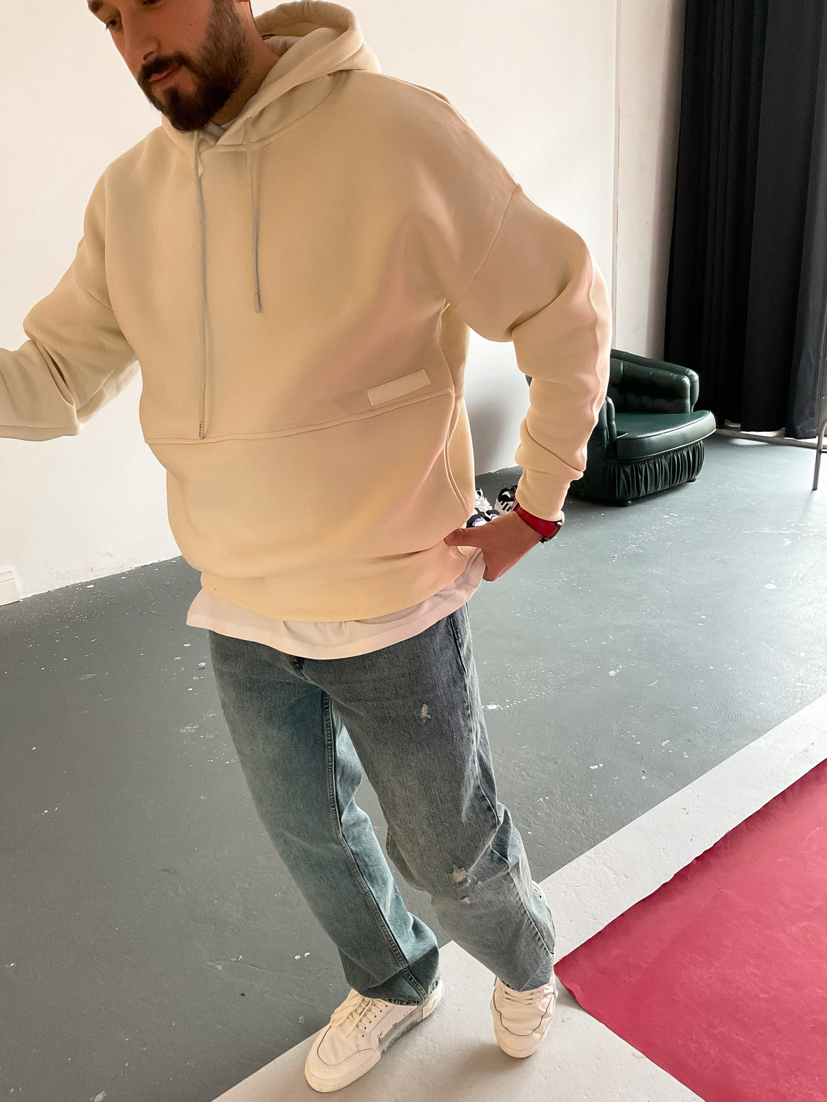 Bej Şerit Cepli Kapüşonlu Sweat C-329