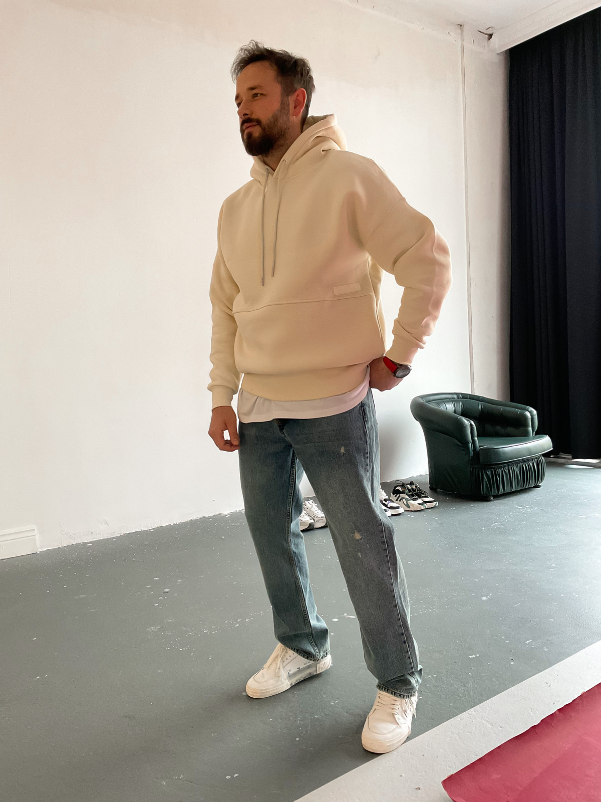 Bej Şerit Cepli Kapüşonlu Sweat C-329