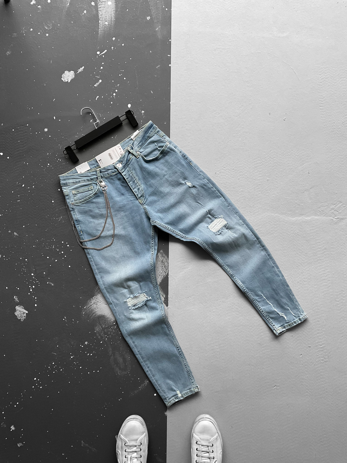 Açık Mavi Zincirli Yırtık Detaylı Slim Fit Pantolon RS-2035